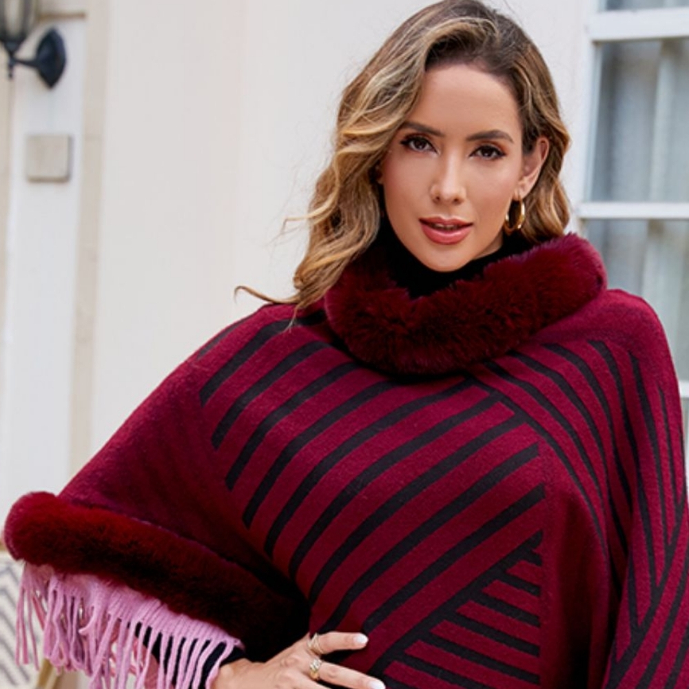 Plush Faux Fur Retro Fringe Stripe Pullover Oversized Warm Knit Poncho Cardigan - Picture 12 of 14
